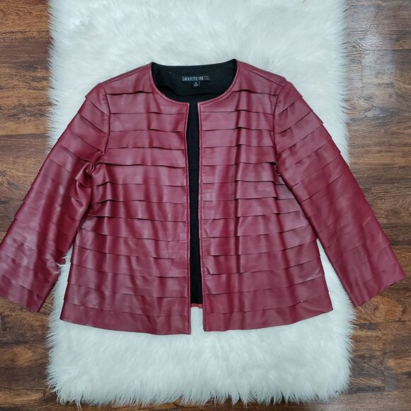 Lafayette 148 New York Burgundy 100% Leather Open Front Layered Jacket Size 6 - Picture 2 of 15